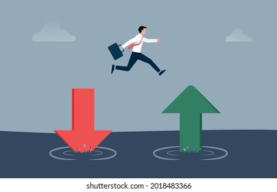 Businessman Jump From Red Pointing Down Arrow To Green Rising Up. Saving And Investment Or Stock Market Rebound And Economic Recover Concept