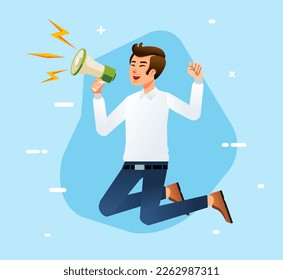 Businessman jump shouting through loud speaker energetic Hailer shouted with megaphone Leadership speech Flat vector illustration 