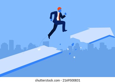 Businessman jump through the arrow gap obstacles to success. Business risk and success concept. Vector Illustration