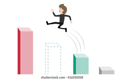 businessman jump through gap bar in charts on white background