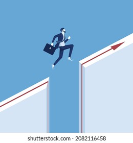businessman jump through the gap between hill, man jumping over cliff, business concept of courage
