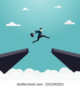 Businessman jump through the gap of the cliff. Employee with a running jump from one cliff to another. Achievement, Career, Leadership, Concept of business risk and success, Illustration vector flat