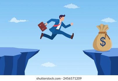 businessman jump through the gap to get bag full of money. an employee with a running jump from one cliff to another. the concept of business risk and success.Vector illustration in flat style.