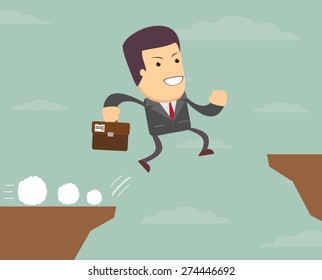 businessman jump through the gap - a man believes in the success. Stock Vector illustration.