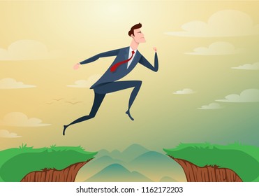 Businessman jump through the gap obstacles between hill to success. Running and jump over cliffs. Business risk and success concept. Cartoon Vector Illustration.