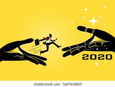 Businessman jump through the gap obstacles between giant hand to year 2020. Running and jump over giant hand. Business risk and success concept. Cartoon Vector Illustration.