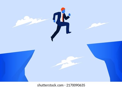 Businessman jump through the gap obstacles between hill to success. Business risk and success concept. Vector Illustration 