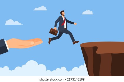 Businessman jump through the gap obstacles between hill success. Running and jump over cliffs. Business risk and success concept. Cartoon Vector Illustration. eps 10