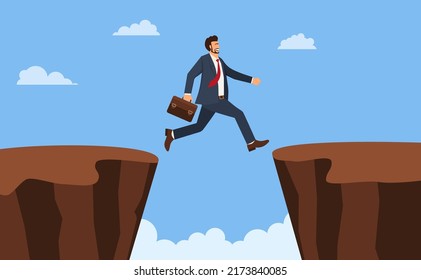 Businessman jump through the gap obstacles between hill success. Running and jump over cliffs. Business risk and success concept. Cartoon Vector Illustration. eps 10