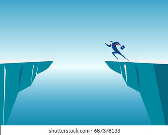 Businessman jump through the gap obstacles between hill to success. Running and jump over cliffs. Business risk and success concept. Cartoon Vector Illustration.