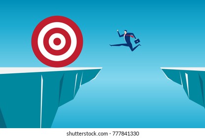 Businessman jump through the gap obstacles between hill to big target and success. Running and jump over cliffs. Business risk and success concept. Cartoon Vector Illustration.