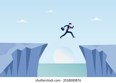 businessman jump through the gap in the rocks. an employee with a running jump from one cliff to another. Flat vector template Style Suitable for Web Landing Page.