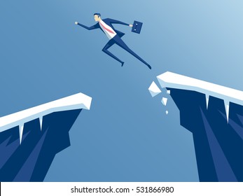 businessman jump through the gap in the rocks. an employee with a running jump from one cliff to another. the concept of business risk and success