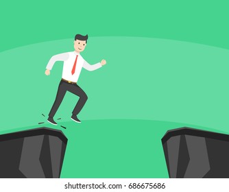 Businessman jump through the gap in the rocks. Symbol of business success, challenge, risk, courage. Flat cartoon style. Vector illustration.