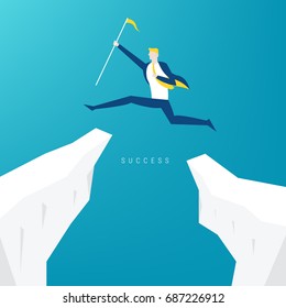 businessman jump through the gap in the rocks. an employee with a running jump from one cliff to another.
