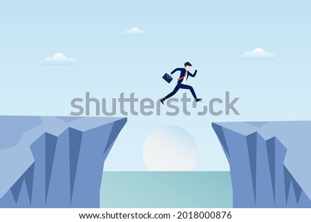 businessman jump through the gap in the rocks. an employee with a running jump from one cliff to another. Flat vector template Style Suitable for Web Landing Page.