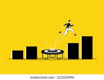 Businessman jump from trampoline back to the top. Business concept vector illustration