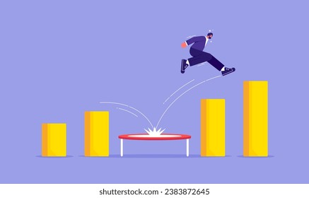 Businessman jump from trampoline back to the top, business challenge, revenue rebound and recover from economic crisis or earning and profit growth concept