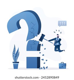 Businessman in jump uses hammer and smashing big question mark. Problem solving, brainstorming. Search for new ideas. Imagination, creativity. Male employee overcoming obstacles. Idea pitching. Vector