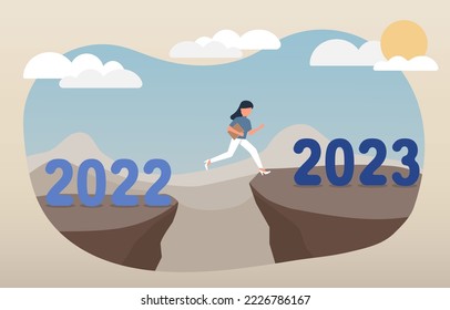 Businessman jumping above two mountains, concept of change from 2022 to 2023, moving forward, hopes, goals, overcoming obstacles and problems. Vector illustration eps10.