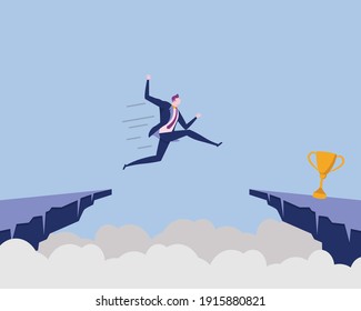 Businessman Jumping Across Cliff to Trophy. Risk and Success Concept Illustration