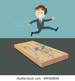 Businessman jumping across mousetrap, vector illustration cartoon