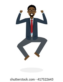 Businessman jumping in the air on white background. Concept of victory, business success and celebrating. Isolated happy african american businessman is excited.