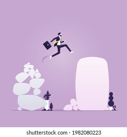Businessman jumping away from risk position to stable position, Uncertainty and fragile company management style with control loss and not stable financial support 