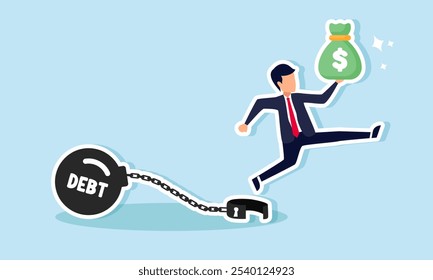 A businessman jumping with a bag of money, escaping from the chains of debt, illustration of securing business assets after settling business debts