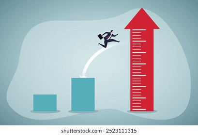 Empresário pulando para cima gráfico de barras com seta para cima como escada de sucesso. Prosperidade econômica, crescimento do lucro das empresas ou trajetória de carreira e conceito de aumento do rendimento.