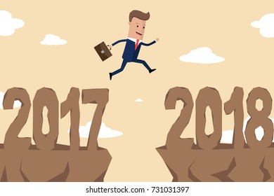 Businessman jumping between 2017 and 2018. Happy new year 2018. New year new beginning concept ,Vector illustration