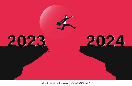 Empresario saltando entre 2023 y 2024, la gente entra en el nuevo año 2024