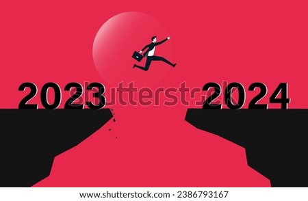 Businessman jumping between 2023 to 2024, People enters the new year 2024