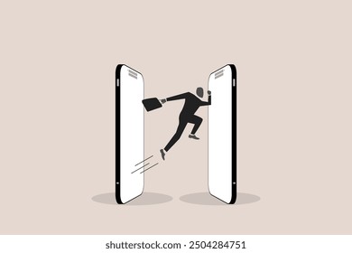 Businessman jumping between mobile devices. Business telecommunication and technology