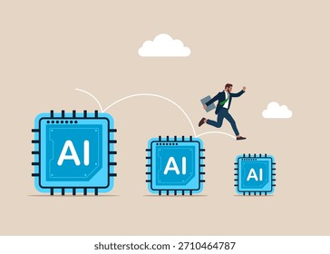 Hombre de negocios saltando de grande al Pequeño chip de inteligencia artificial. Tecnología de ideas y global o utilizar la IA para el análisis de datos. Ilustración vectorial plana 