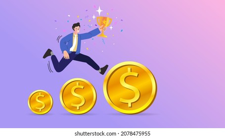 Businessman jumping for bigger dollar coins. target and reach the goal. bigger profit to achieve financial goal. Investment, savings growth. Salary or profit increase. Making more money, wealth.