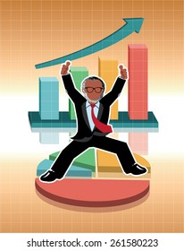 Businessman jumping with business graphs background