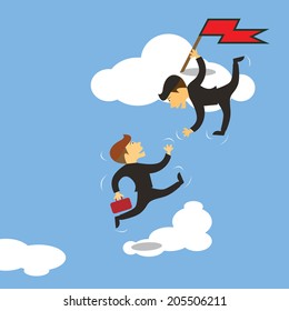 Businessman jumping by clouds to top flag with friend helping hand abstract teamwork concept