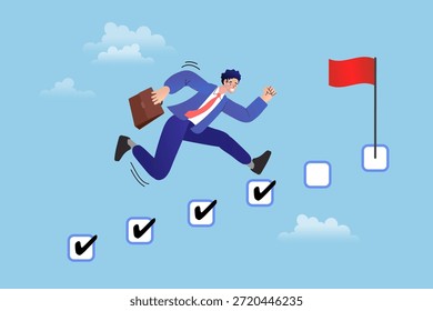 Businessman jumping up checklist steps with checkmarks towards red flag goal. Flat vector illustration for project management milestones, task completion and success progress tracking.