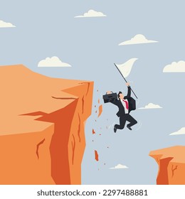 Businessman jumping from the cliff with white flag. Businesses fail and give up concept illustration