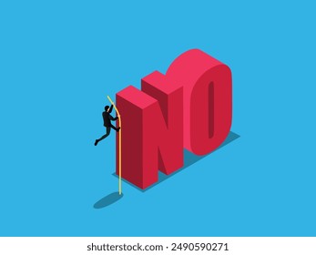Businessman jumping to cross the word NO 3d isometric vector illustration