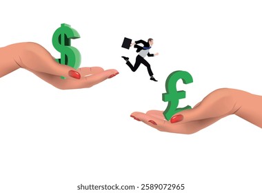 Businessman jumping from dollar to pound in female hands, representing currency exchange