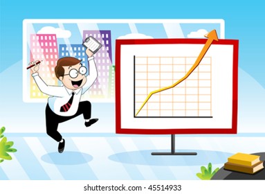 Businessman jumping up and down happily as he sees his business income chart going up