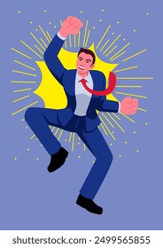 Businessman jumping excitedly on comic splash background. Ideal for business success, motivational, and growth themes, symbolizes achievement, excitement, and positive results