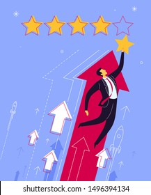 Businessman jumping to get best rating and evaluation. Business concept vector illustration.