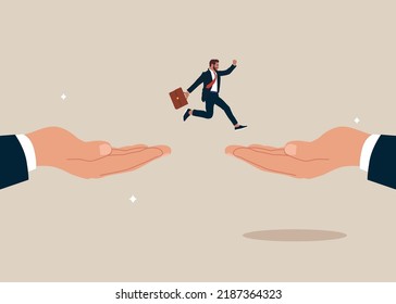 Businessman Jumping From Giant Hand To New Place. Change Job Or Career, Escape From Toxic Office, Determination And Courage To Change To Better Place.