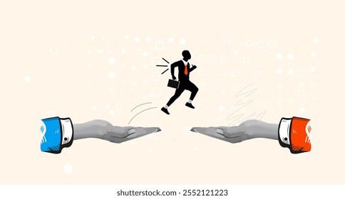 Empresário saltando de mão gigante para novo lugar - Mudar de emprego ou carreira. Collage Art Vetor ilustração