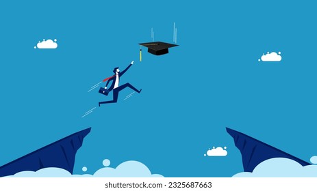 Businessman jumping to grab a graduation cap. graduate concept vector