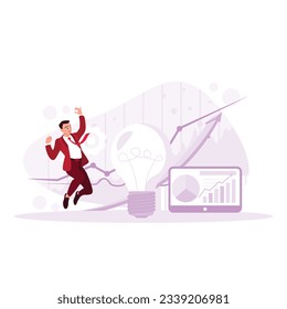 Businessman jumping happily with creative lights and growth chart in global business. Trend Modern vector flat illustration