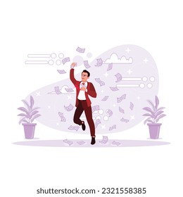 Businessman jumping happily with dollar cash. Trend Modern vector flat illustration.